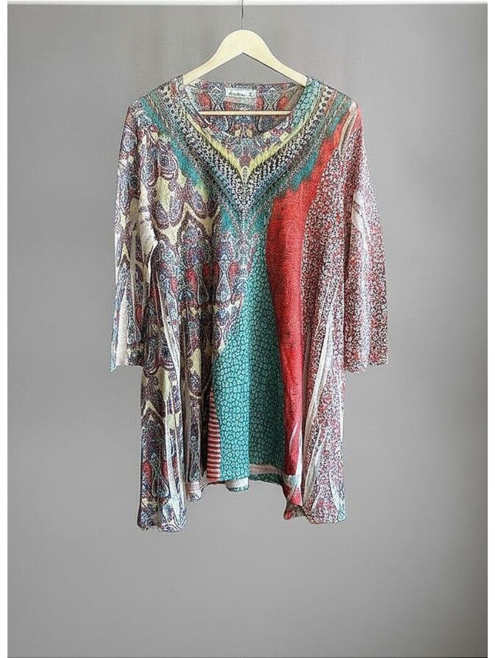 Cactus Waterfall Hem Rhinestone Neckline Tunic Top Medium Multicolor Bohemian